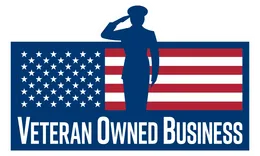A veteran owned business logo with a soldier saluting in front of an american flag