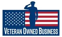 A veteran owned business logo with a soldier saluting in front of an american flag